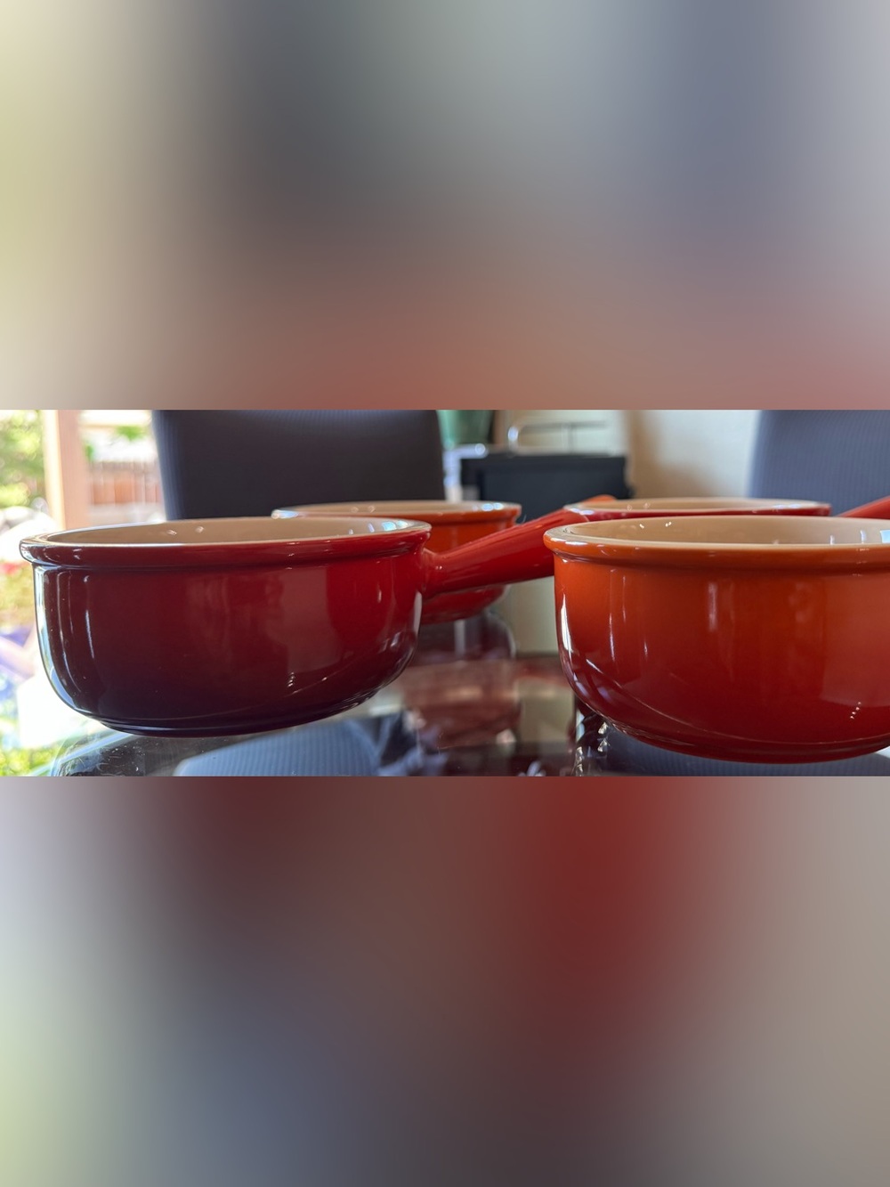 Set of 4 Le Creuscet French Onion Bowls. Colors 2 each Cerise and Volcanic